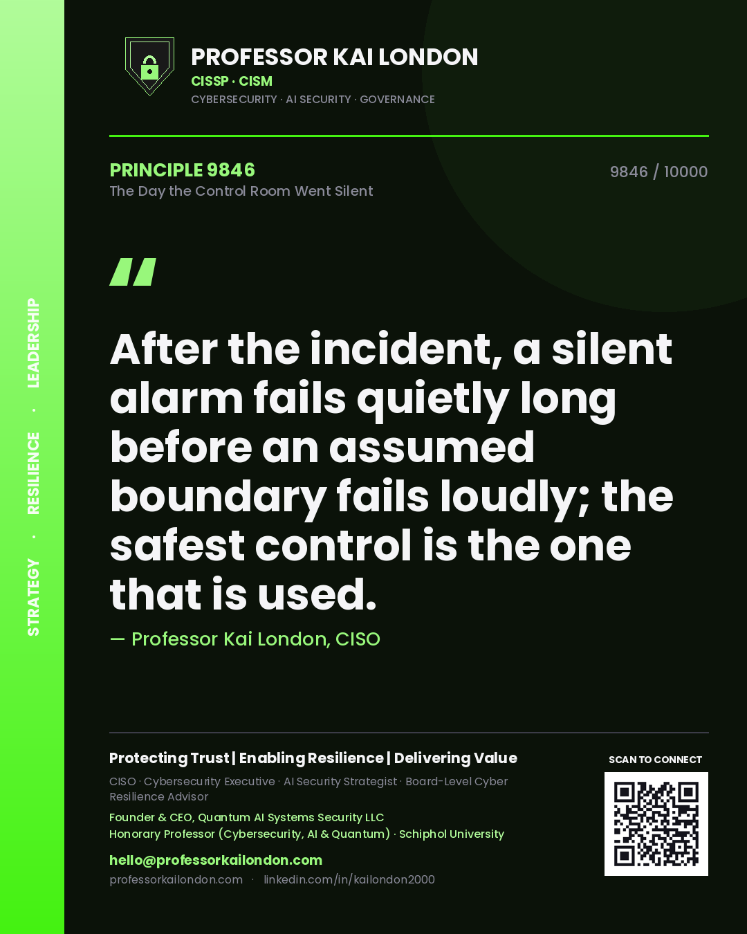 Quote card by Professor Kai London reading 'After the incident, a silent alarm fails quietly long before an assumed boundary fails loudly; the safest control is the one that is used.'. From the book The Day the Control Room Went Silent.