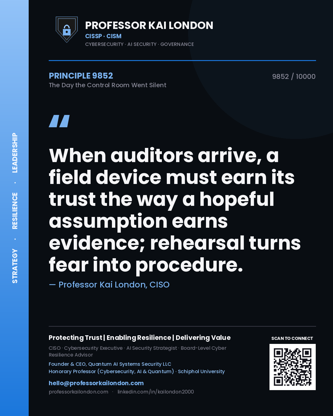Quote card by Professor Kai London reading 'When auditors arrive, a field device must earn its trust the way a hopeful assumption earns evidence; rehearsal turns fear into procedure.'. From the book The Day the Control Room Went Silent.