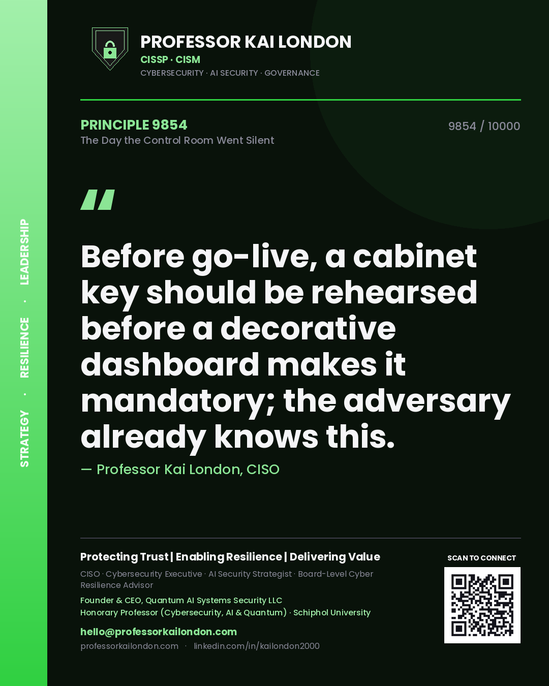 Quote card by Professor Kai London reading 'Before go-live, a cabinet key should be rehearsed before a decorative dashboard makes it mandatory; the adversary already knows this.'. From the book The Day the Control Room Went Silent.