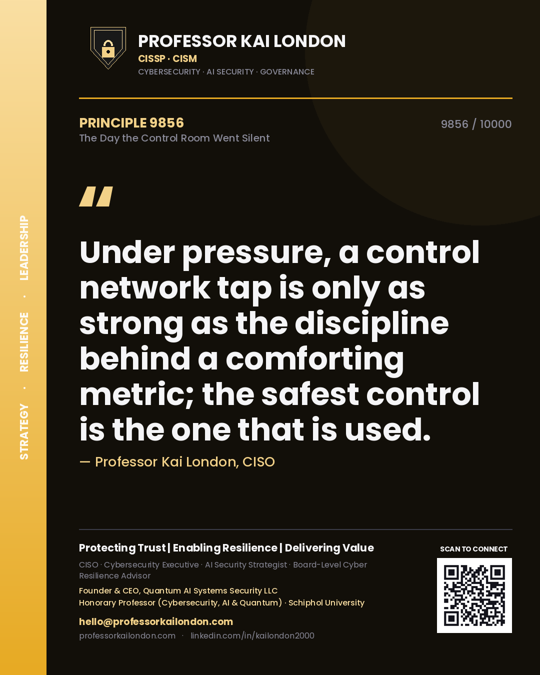Quote card by Professor Kai London reading 'Under pressure, a control network tap is only as strong as the discipline behind a comforting metric; the safest control is the one that is used.'. From the book The Day the Control Room Went Silent.