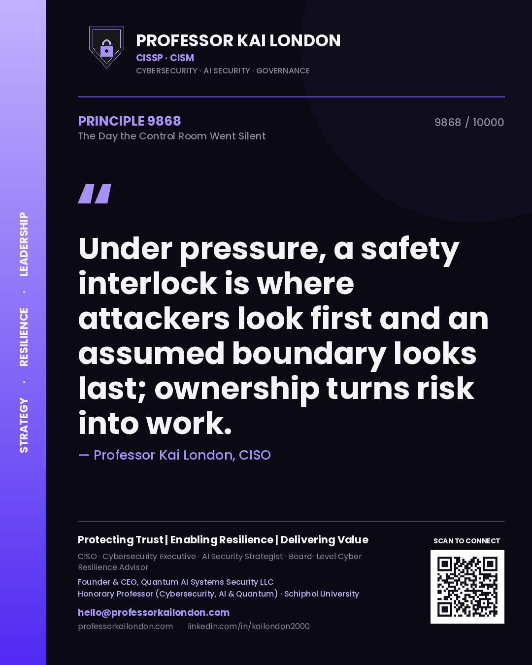 Quote card by Professor Kai London reading 'Under pressure, a safety interlock is where attackers look first and an assumed boundary looks last; ownership turns risk into work.'. From the book The Day the Control Room Went Silent.