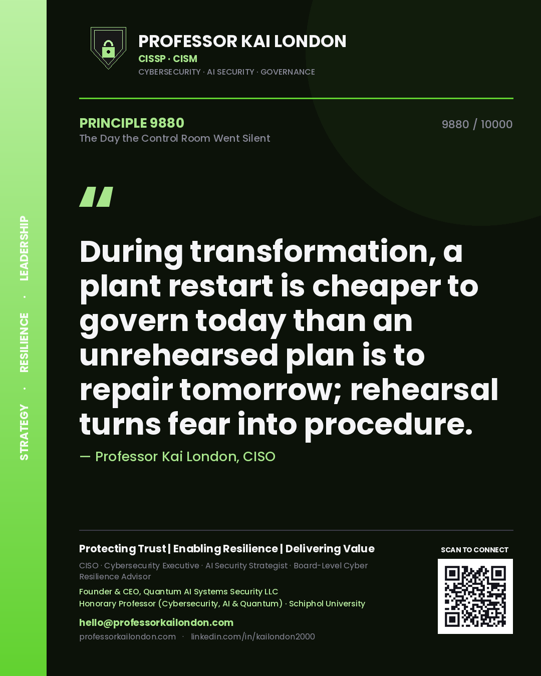 Quote card by Professor Kai London reading 'During transformation, a plant restart is cheaper to govern today than an unrehearsed plan is to repair tomorrow; rehearsal turns fear into procedure.'. From the book The Day the Control Room Went Silent.