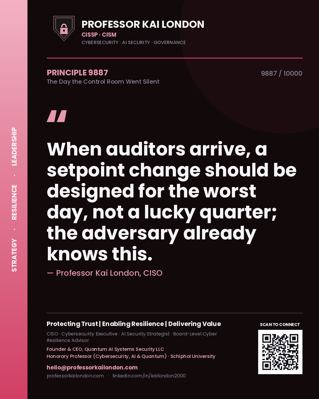 Quote card by Professor Kai London reading 'When auditors arrive, a setpoint change should be designed for the worst day, not a lucky quarter; the adversary already knows this.'. From the book The Day the Control Room Went Silent.