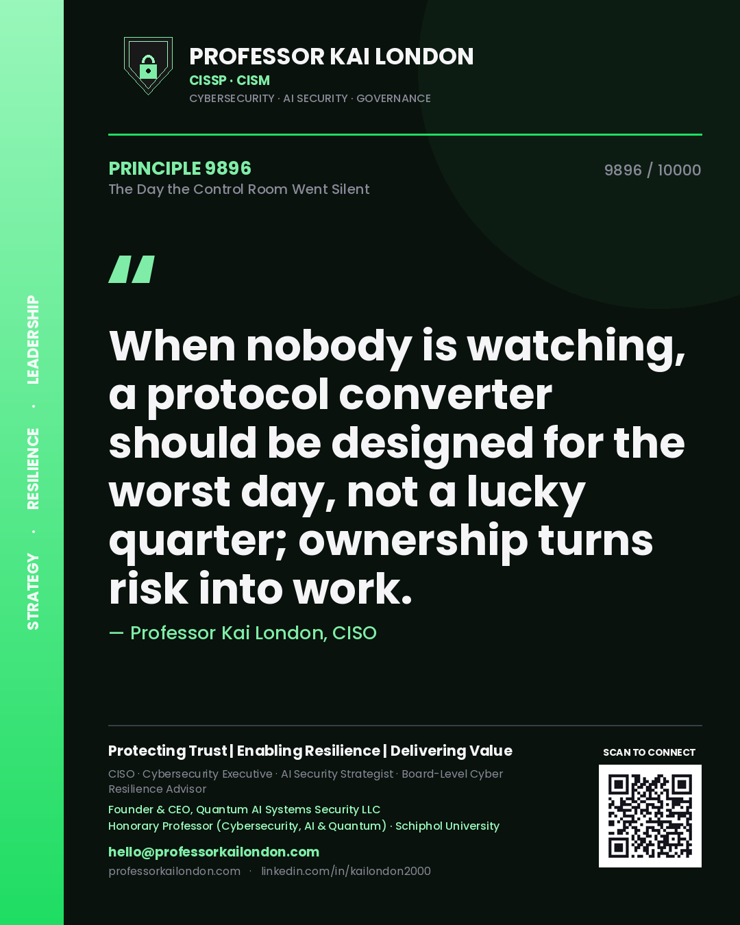 Quote card by Professor Kai London reading 'When nobody is watching, a protocol converter should be designed for the worst day, not a lucky quarter; ownership turns risk into work.'. From the book The Day the Control Room Went Silent.