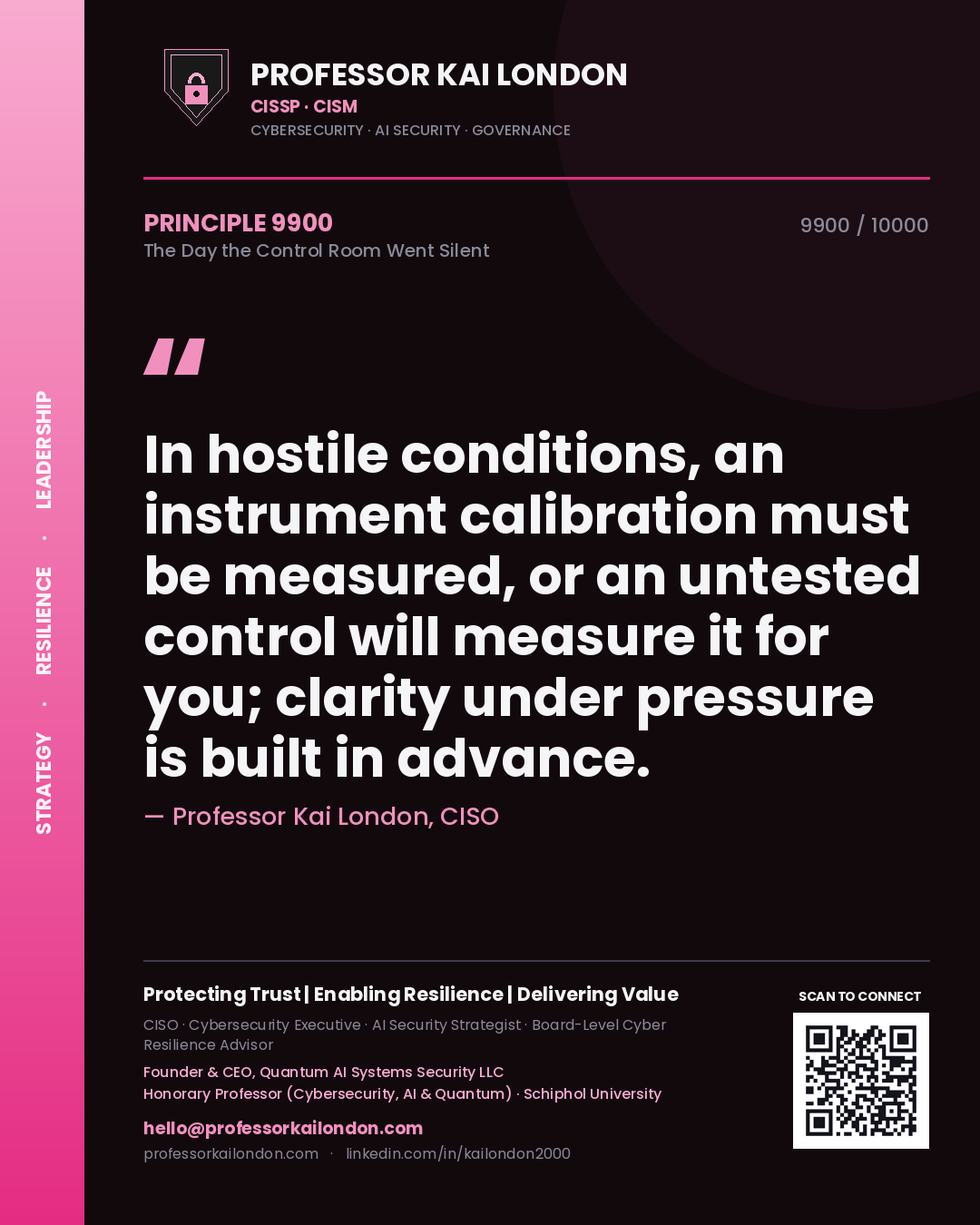 Professor Kai London principle 9900: In hostile conditions, an instrument calibration must be measured, or an untested control will measure it for you; clarity under pressure is built in advance.