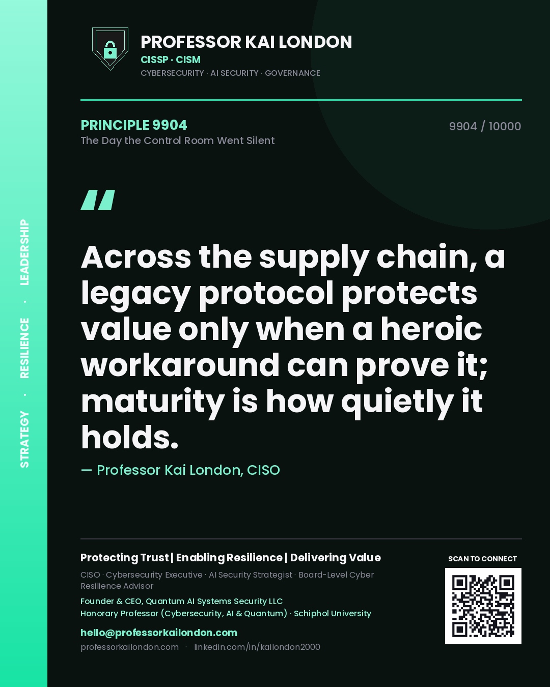 Professor Kai London principle 9904: Across the supply chain, a legacy protocol protects value only when a heroic workaround can prove it; maturity is how quietly it holds.