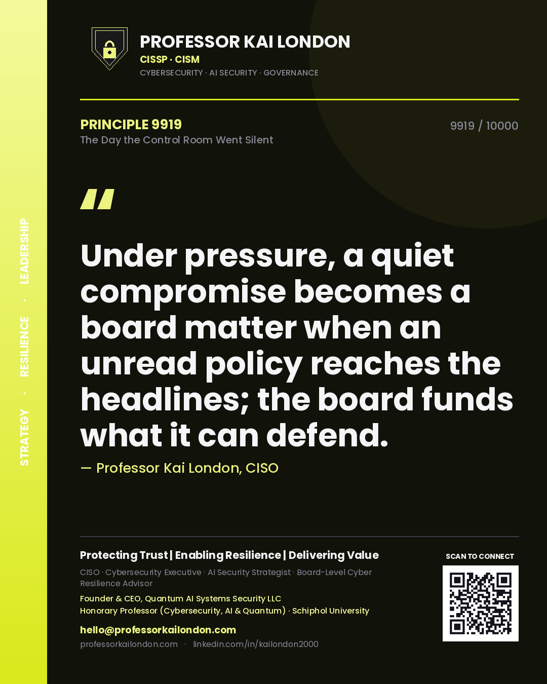 Professor Kai London principle 9919: Under pressure, a quiet compromise becomes a board matter when an unread policy reaches the headlines; the board funds what it can defend.