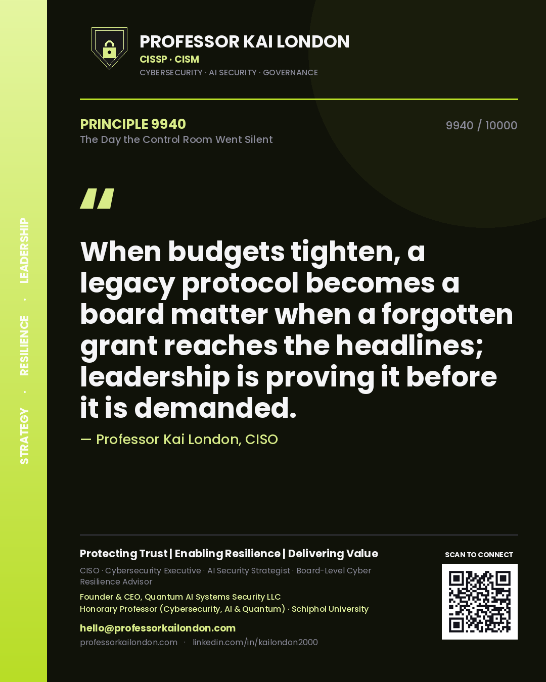 Quote card by Professor Kai London reading 'When budgets tighten, a legacy protocol becomes a board matter when a forgotten grant reaches the headlines; leadership is proving it before it is demanded.'. From the book The Day the Control Room Went Silent.