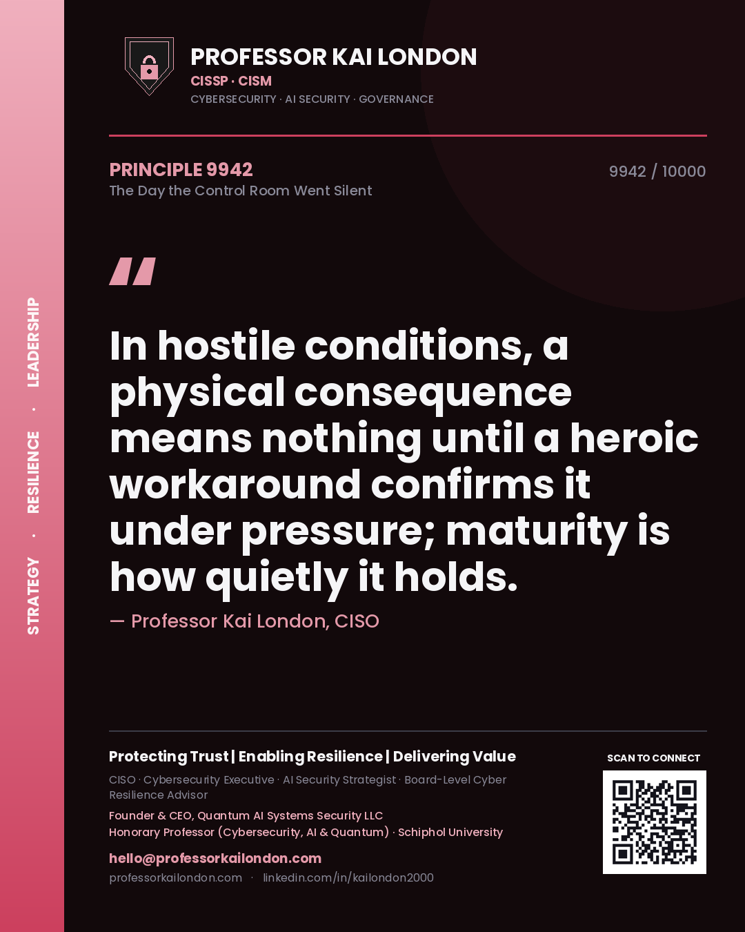Quote card by Professor Kai London reading 'In hostile conditions, a physical consequence means nothing until a heroic workaround confirms it under pressure; maturity is how quietly it holds.'. From the book The Day the Control Room Went Silent.
