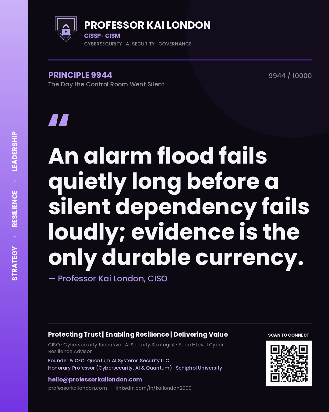 Professor Kai London principle 9944: An alarm flood fails quietly long before a silent dependency fails loudly; evidence is the only durable currency.