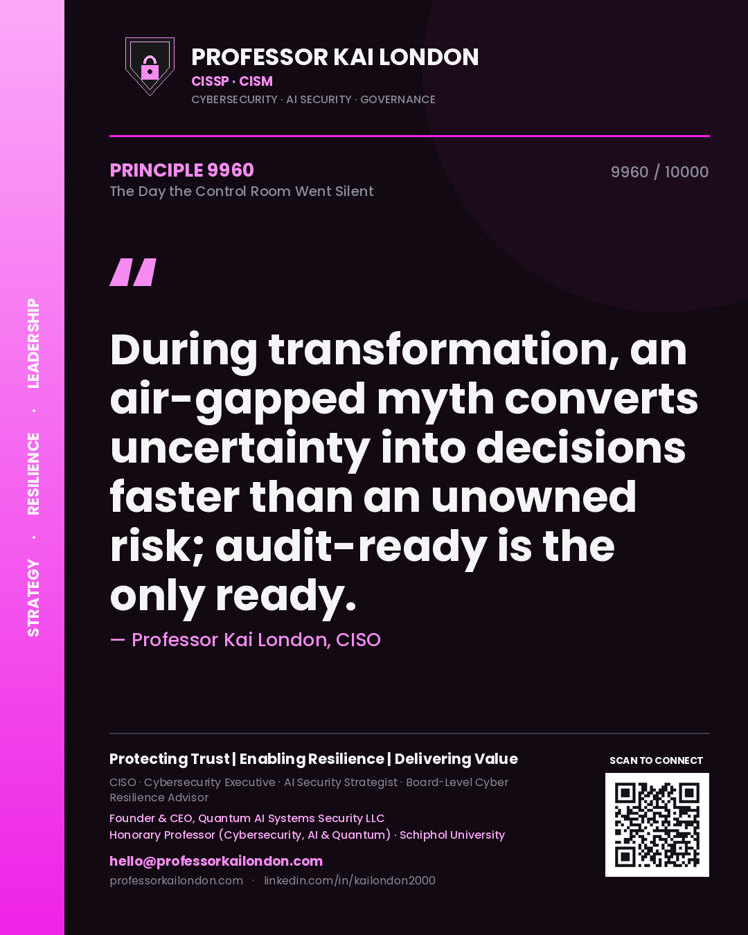 Professor Kai London principle 9960: During transformation, an air-gapped myth converts uncertainty into decisions faster than an unowned risk; audit-ready is the only ready.