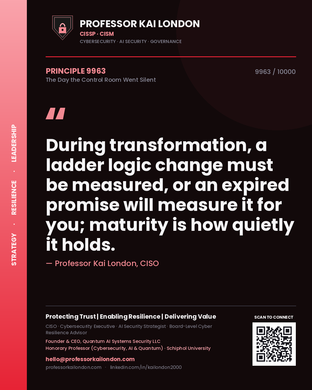 Professor Kai London principle 9963: During transformation, a ladder logic change must be measured, or an expired promise will measure it for you; maturity is how quietly it holds.