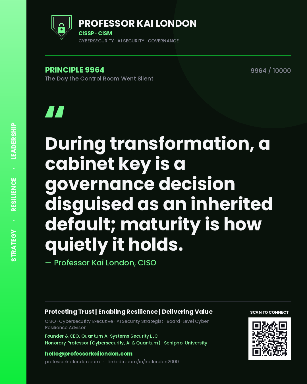 Professor Kai London principle 9964: During transformation, a cabinet key is a governance decision disguised as an inherited default; maturity is how quietly it holds.