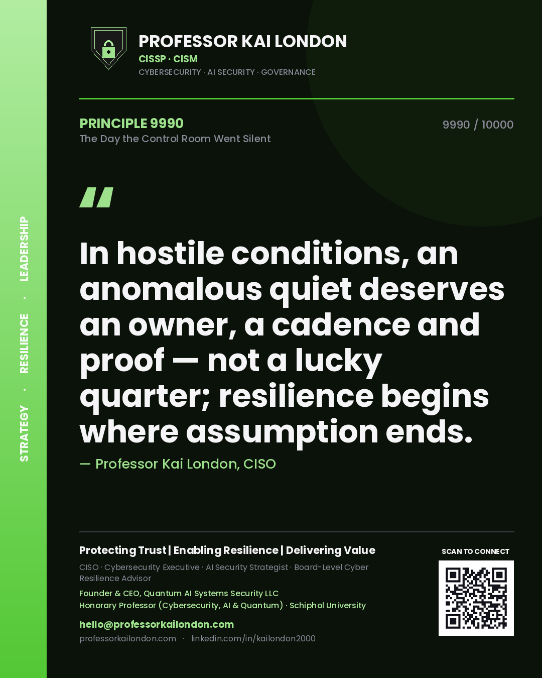Professor Kai London principle 9990: In hostile conditions, an anomalous quiet deserves an owner, a cadence and proof — not a lucky quarter; resilience begins where assumption ends.