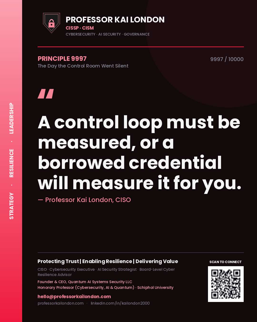 Quote card by Professor Kai London reading 'A control loop must be measured, or a borrowed credential will measure it for you.'. From the book The Day the Control Room Went Silent.