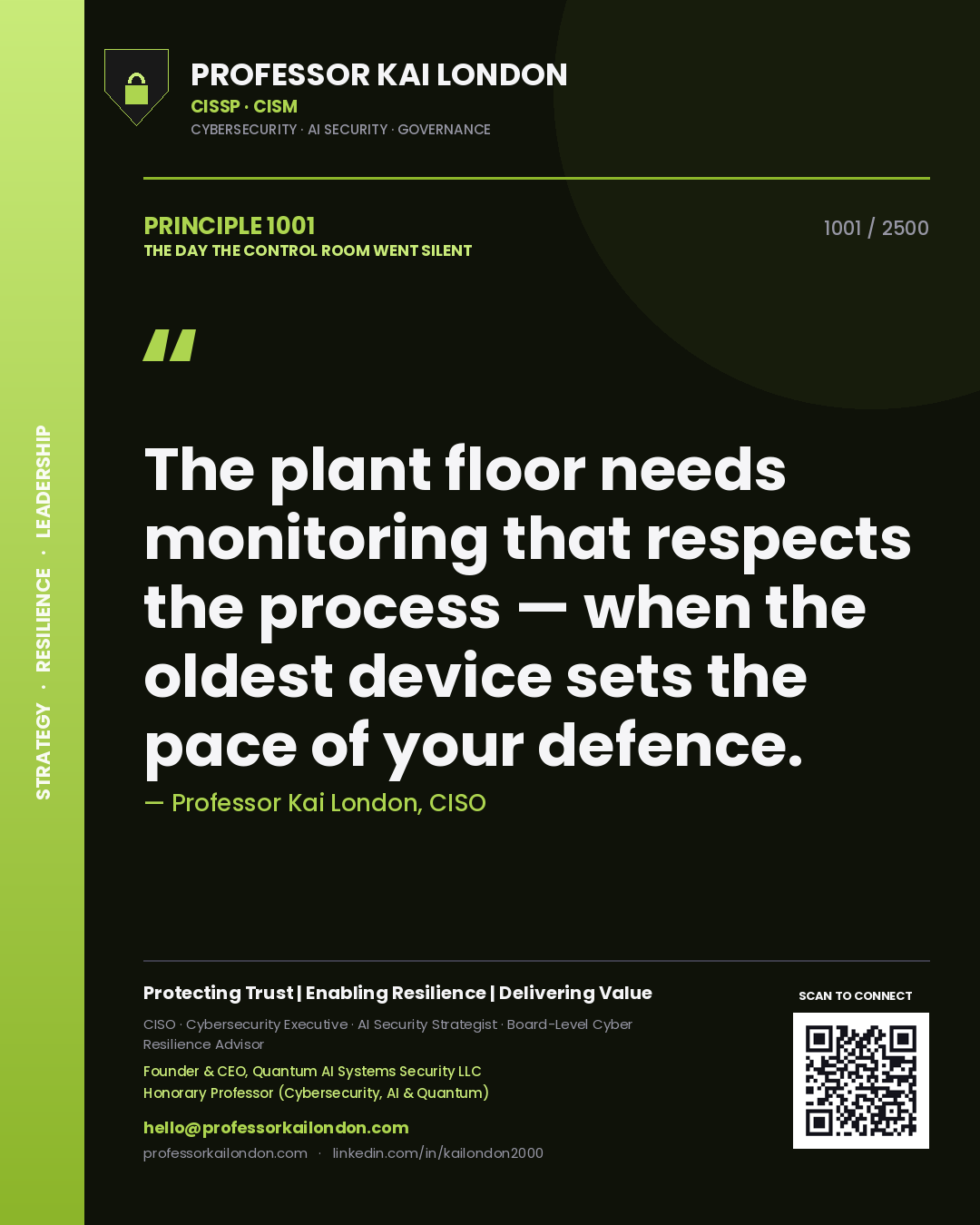 Quote card by Professor Kai London reading 'The plant floor needs monitoring that respects the process — when the oldest device sets the pace of your defence.'. From the book The Day the Control Room Went Silent.