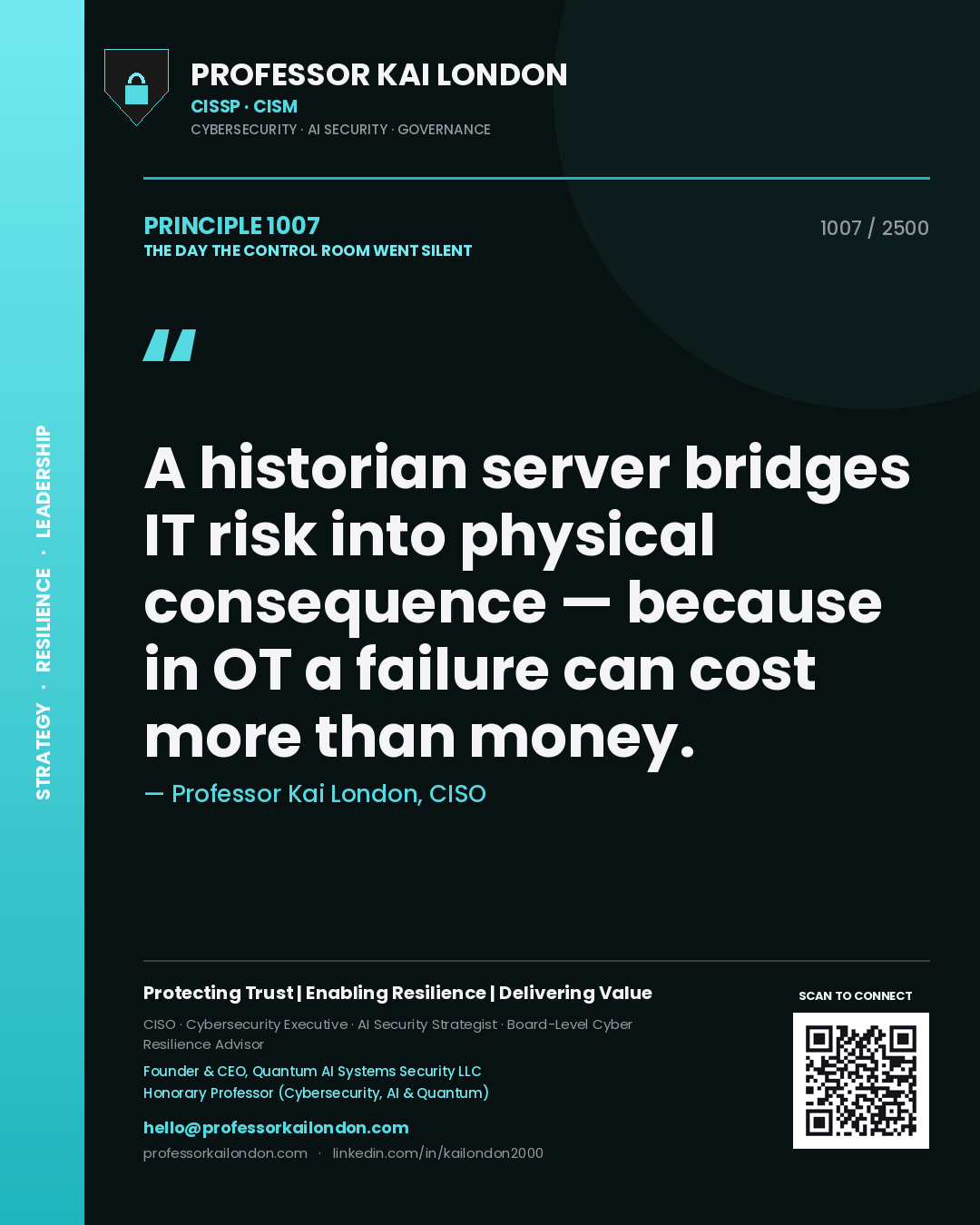 Quote card by Professor Kai London reading 'A historian server bridges IT risk into physical consequence — because in OT a failure can cost more than money.'. From the book The Day the Control Room Went Silent.