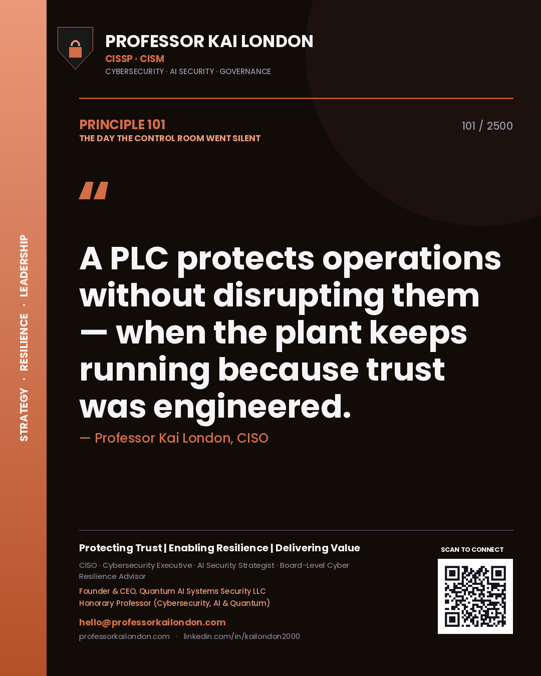 Quote card by Professor Kai London reading 'A PLC protects operations without disrupting them — when the plant keeps running because trust was engineered.'. From the book The Day the Control Room Went Silent.