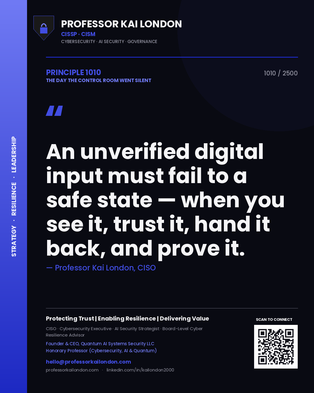 Professor Kai London principle 1010: An unverified digital input must fail to a safe state — when you see it, trust it, hand it back, and prove it.