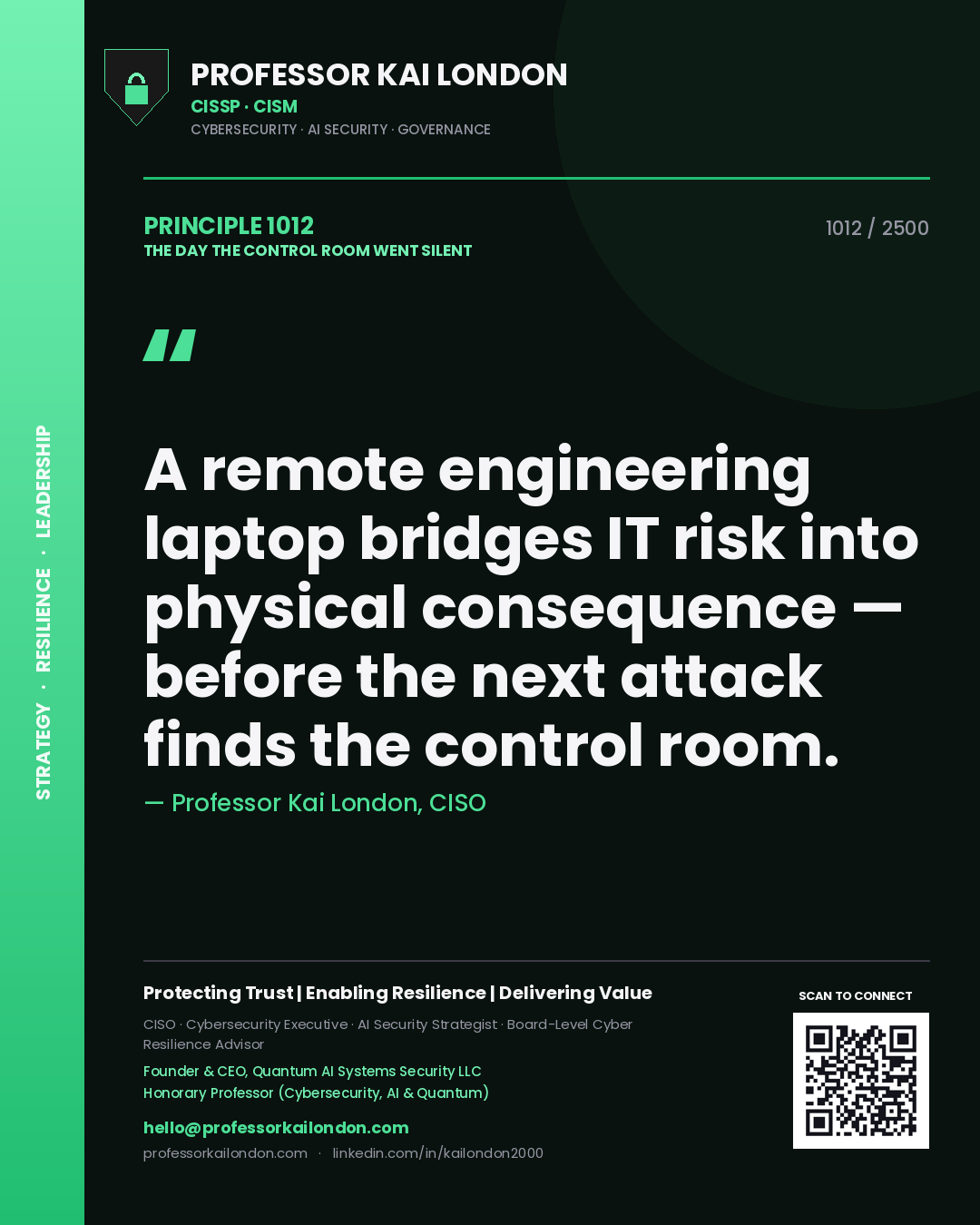 Professor Kai London principle 1012: A remote engineering laptop bridges IT risk into physical consequence — before the next attack finds the control room.