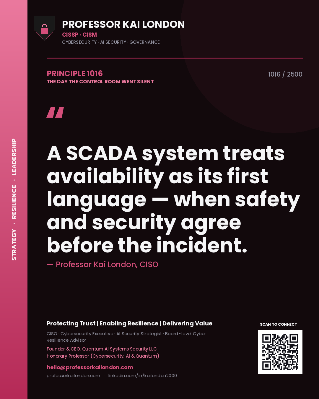 Quote card by Professor Kai London reading 'A SCADA system treats availability as its first language — when safety and security agree before the incident.'. From the book The Day the Control Room Went Silent.