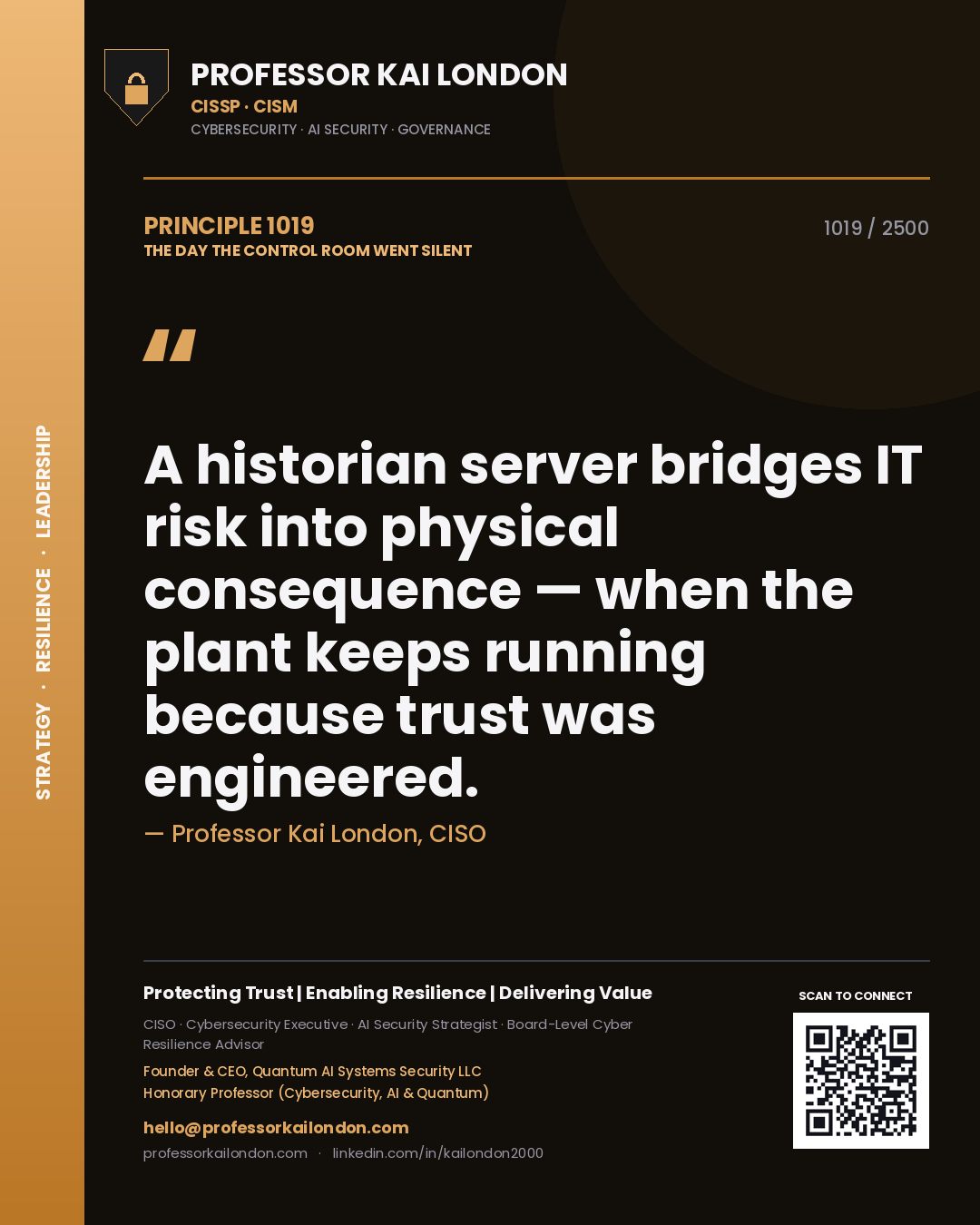 Quote card by Professor Kai London reading 'A historian server bridges IT risk into physical consequence — when the plant keeps running because trust was engineered.'. From the book The Day the Control Room Went Silent.