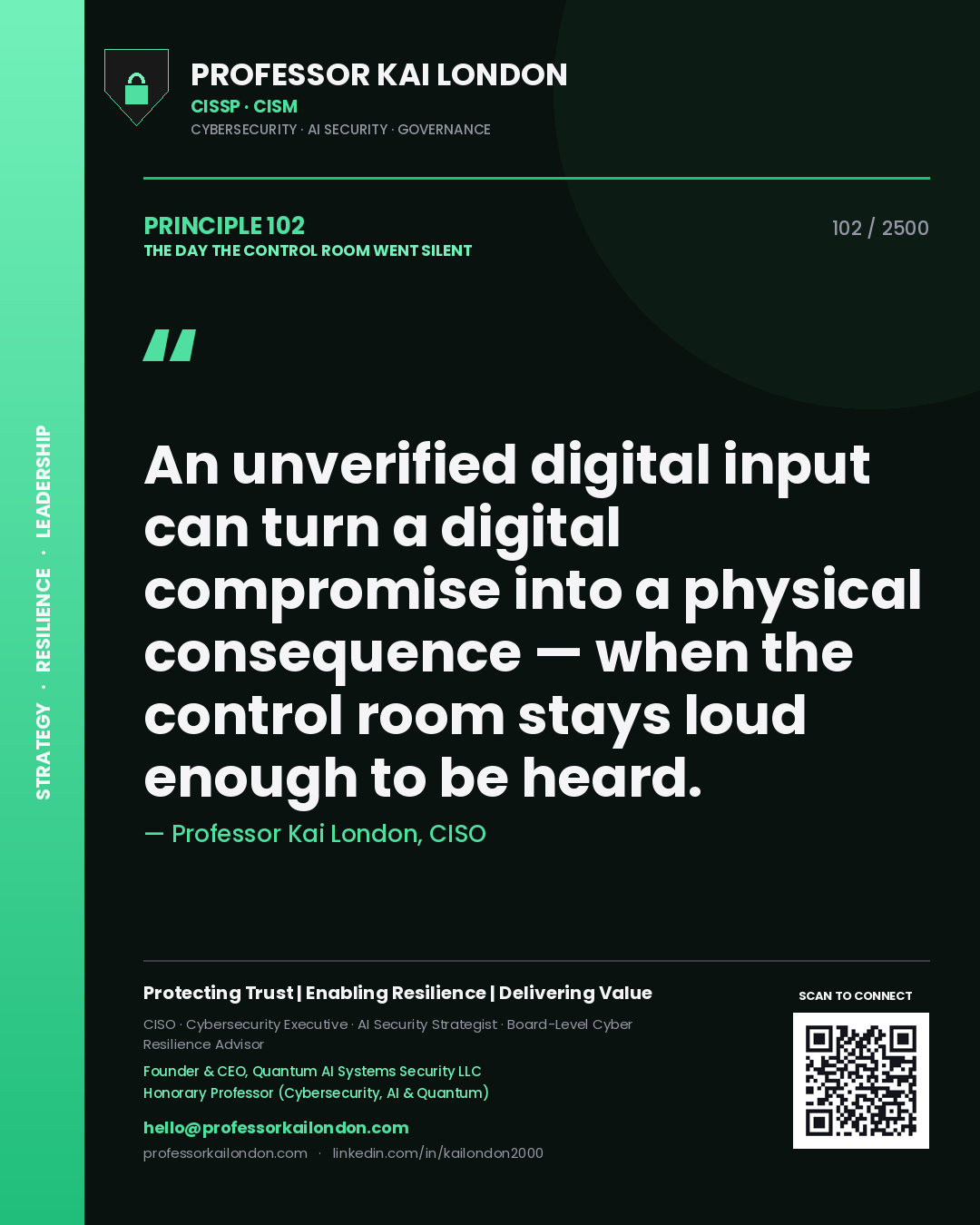 Quote card by Professor Kai London reading 'An unverified digital input can turn a digital compromise into a physical consequence — when the control room stays loud enough to be heard.'. From the book The Day the Control Room Went Silent.