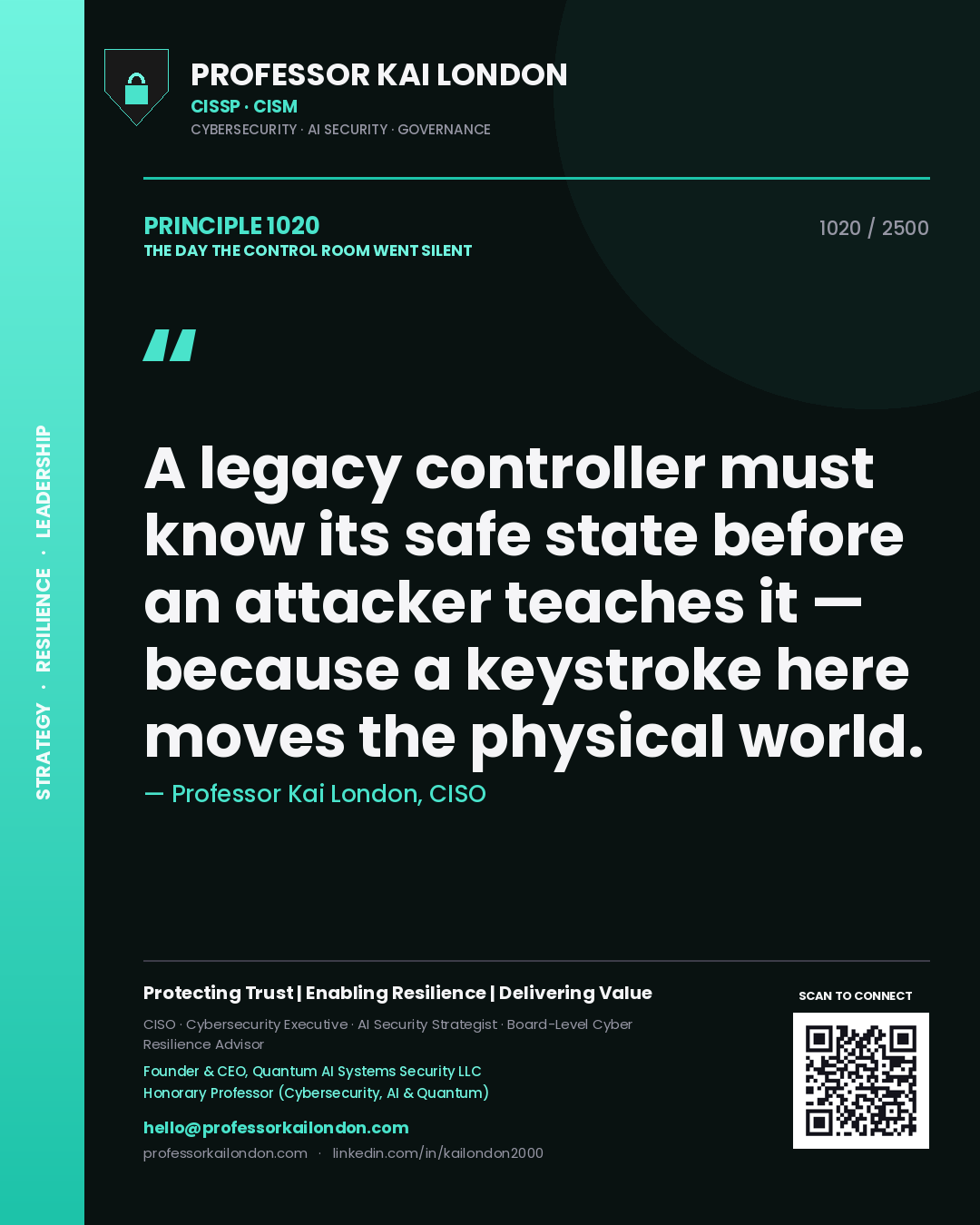 Quote card by Professor Kai London reading 'A legacy controller must know its safe state before an attacker teaches it — because a keystroke here moves the physical world.'. From the book The Day the Control Room Went Silent.