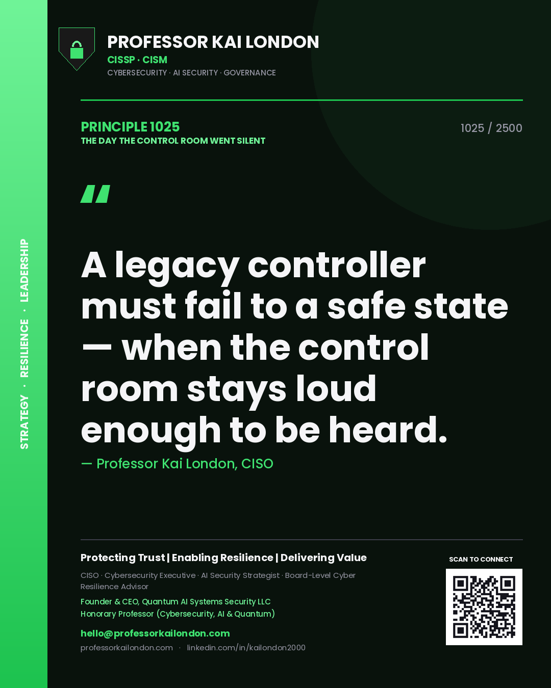 Quote card by Professor Kai London reading 'A legacy controller must fail to a safe state — when the control room stays loud enough to be heard.'. From the book The Day the Control Room Went Silent.