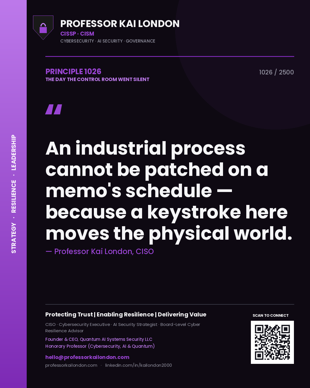 Quote card by Professor Kai London reading 'An industrial process cannot be patched on a memo's schedule — because a keystroke here moves the physical world.'. From the book The Day the Control Room Went Silent.