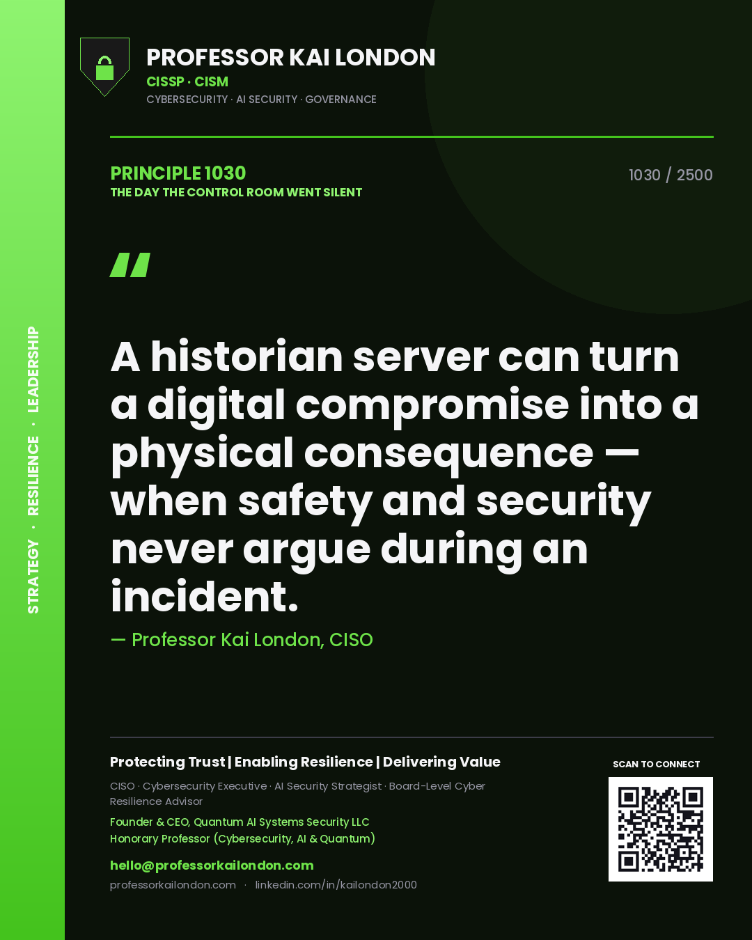 Quote card by Professor Kai London reading 'A historian server can turn a digital compromise into a physical consequence — when safety and security never argue during an incident.'. From the book The Day the Control Room Went Silent.