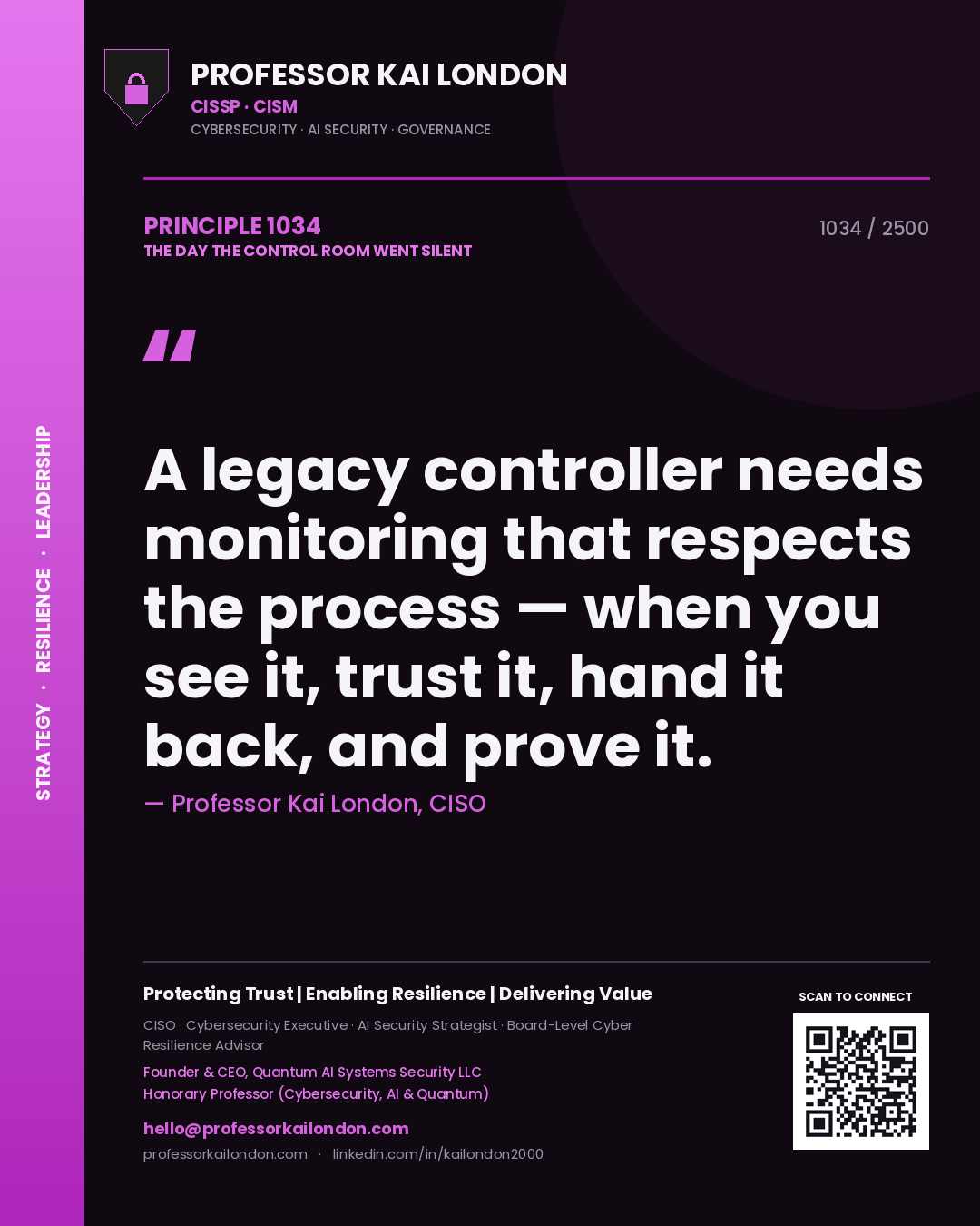 Quote card by Professor Kai London reading 'A legacy controller needs monitoring that respects the process — when you see it, trust it, hand it back, and prove it.'. From the book The Day the Control Room Went Silent.