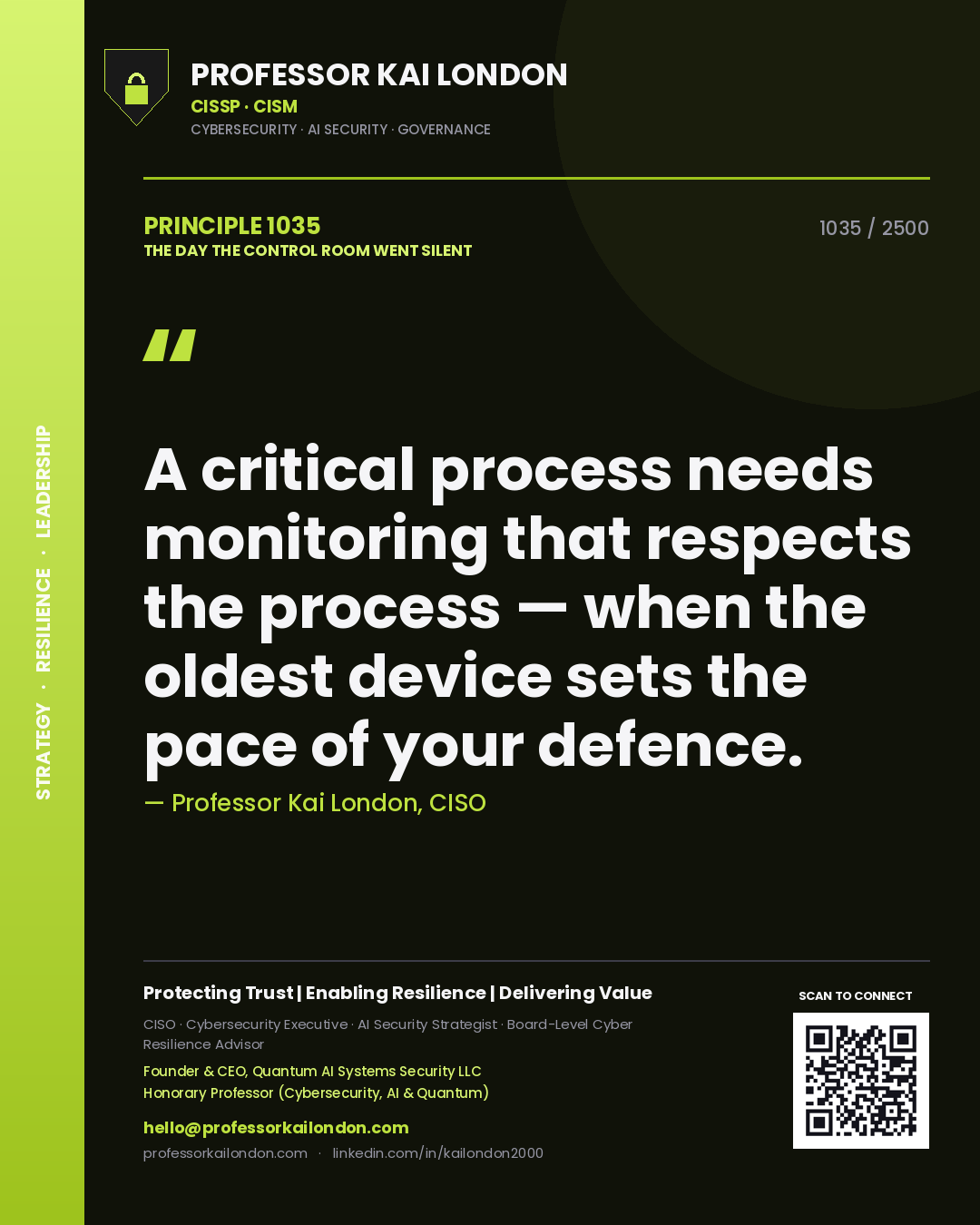 Quote card by Professor Kai London reading 'A critical process needs monitoring that respects the process — when the oldest device sets the pace of your defence.'. From the book The Day the Control Room Went Silent.
