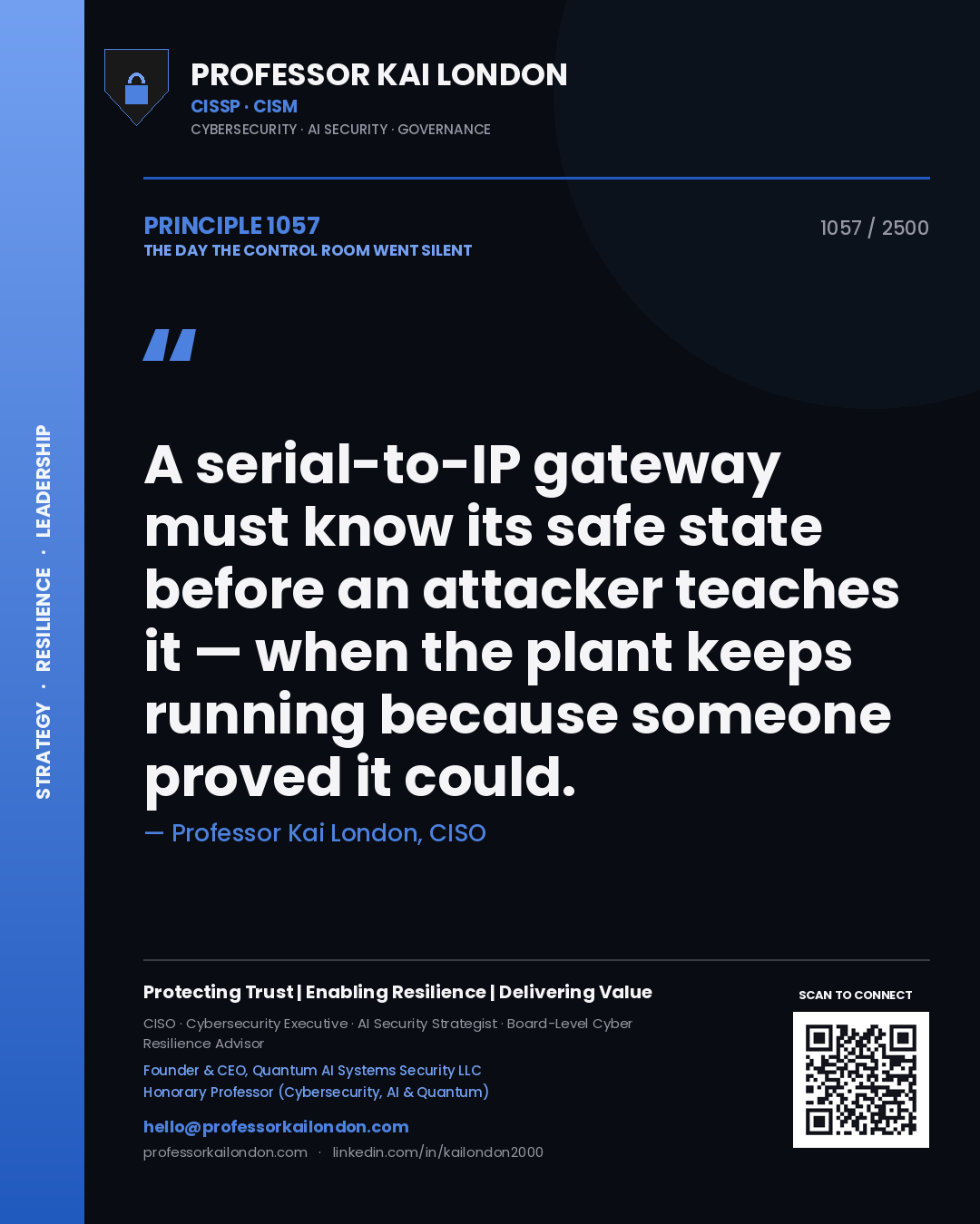 Quote card by Professor Kai London reading 'A serial-to-IP gateway must know its safe state before an attacker teaches it — when the plant keeps running because someone proved it could.'. From the book The Day the Control Room Went Silent.