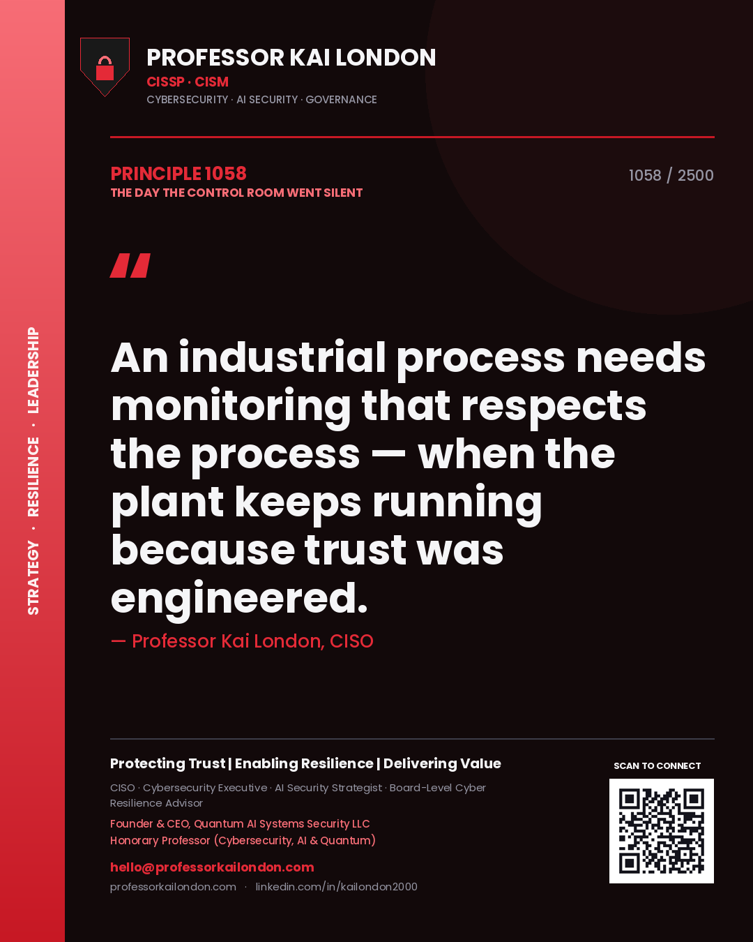 Quote card by Professor Kai London reading 'An industrial process needs monitoring that respects the process — when the plant keeps running because trust was engineered.'. From the book The Day the Control Room Went Silent.