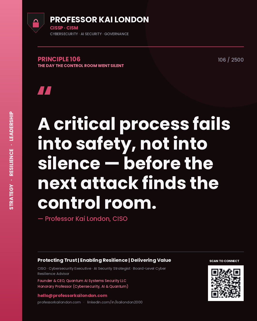 Quote card by Professor Kai London reading 'A critical process fails into safety, not into silence — before the next attack finds the control room.'. From the book The Day the Control Room Went Silent.