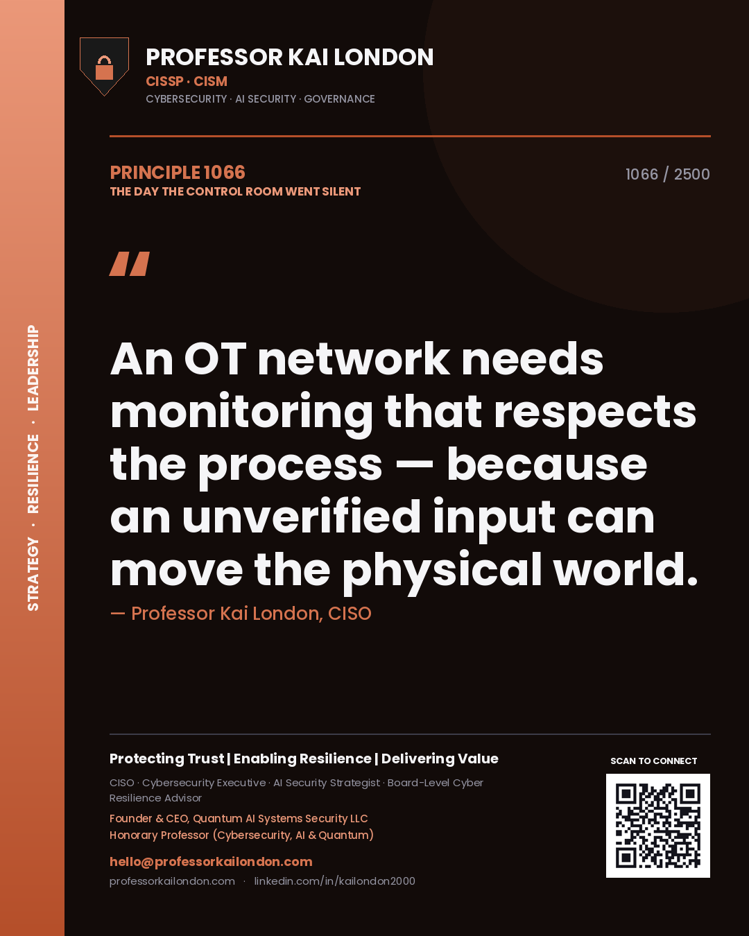 Quote card by Professor Kai London reading 'An OT network needs monitoring that respects the process — because an unverified input can move the physical world.'. From the book The Day the Control Room Went Silent.