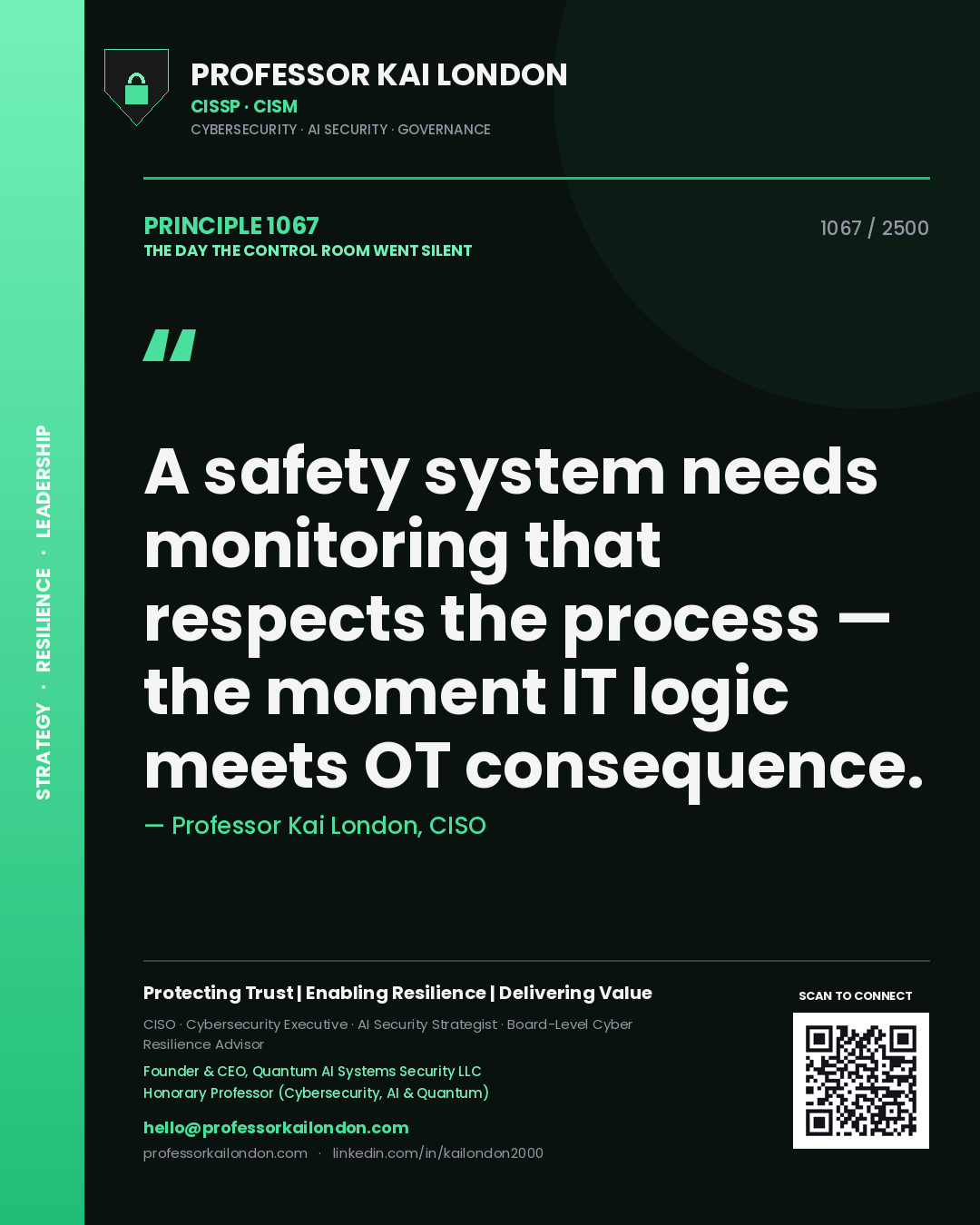 Quote card by Professor Kai London reading 'A safety system needs monitoring that respects the process — the moment IT logic meets OT consequence.'. From the book The Day the Control Room Went Silent.