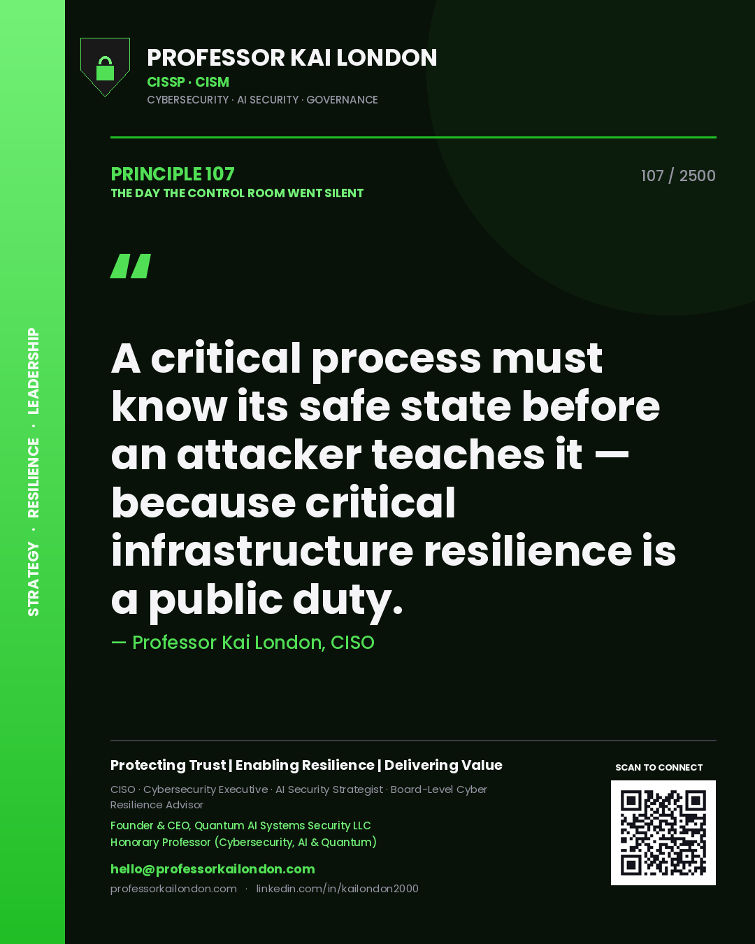 Quote card by Professor Kai London reading 'A critical process must know its safe state before an attacker teaches it — because critical infrastructure resilience is a public duty.'. From the book The Day the Control Room Went Silent.