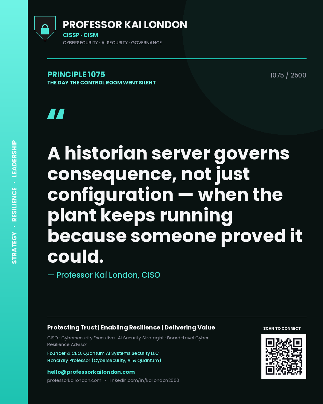Professor Kai London principle 1075: A historian server governs consequence, not just configuration — when the plant keeps running because someone proved it could.