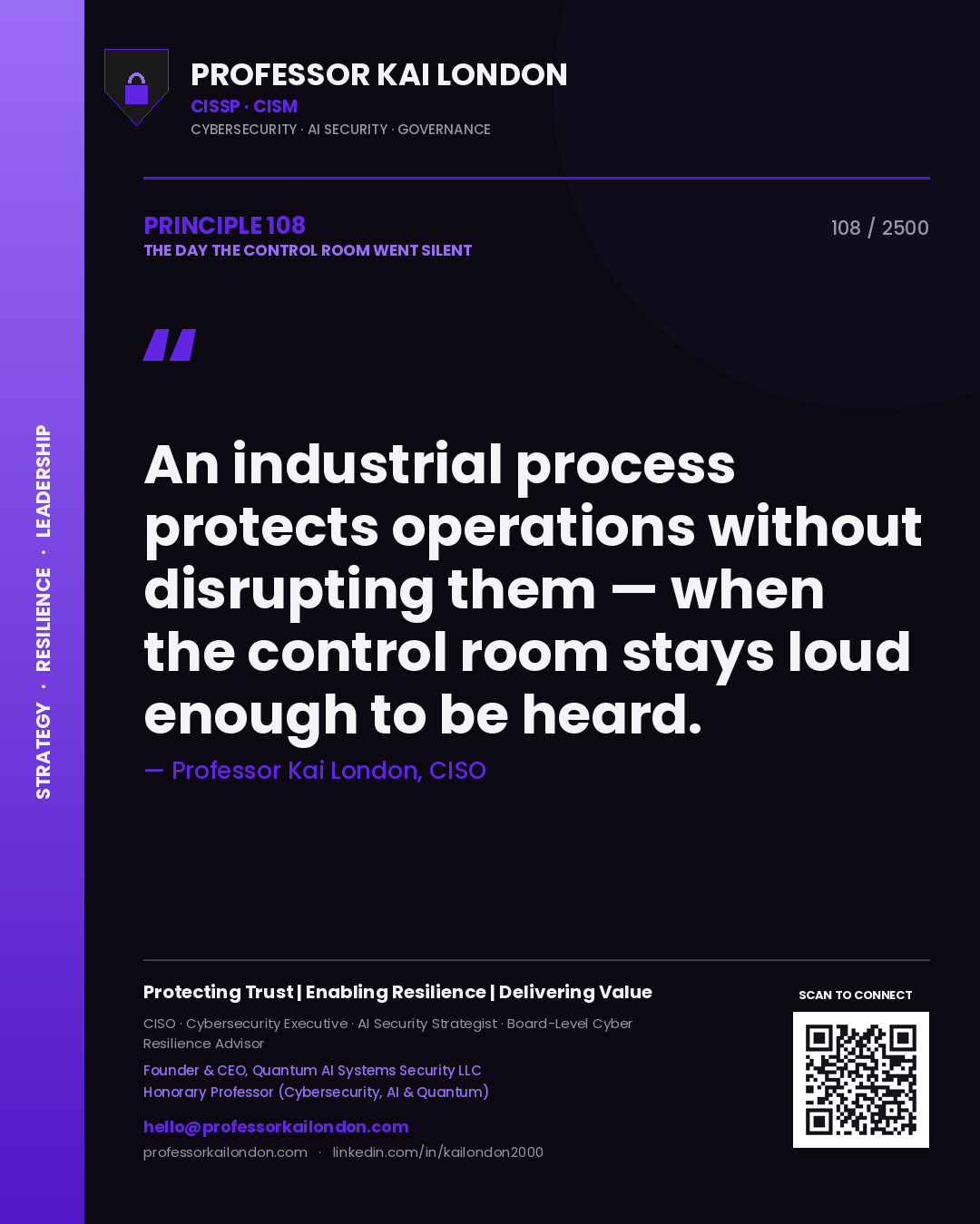 Quote card by Professor Kai London reading 'An industrial process protects operations without disrupting them — when the control room stays loud enough to be heard.'. From the book The Day the Control Room Went Silent.