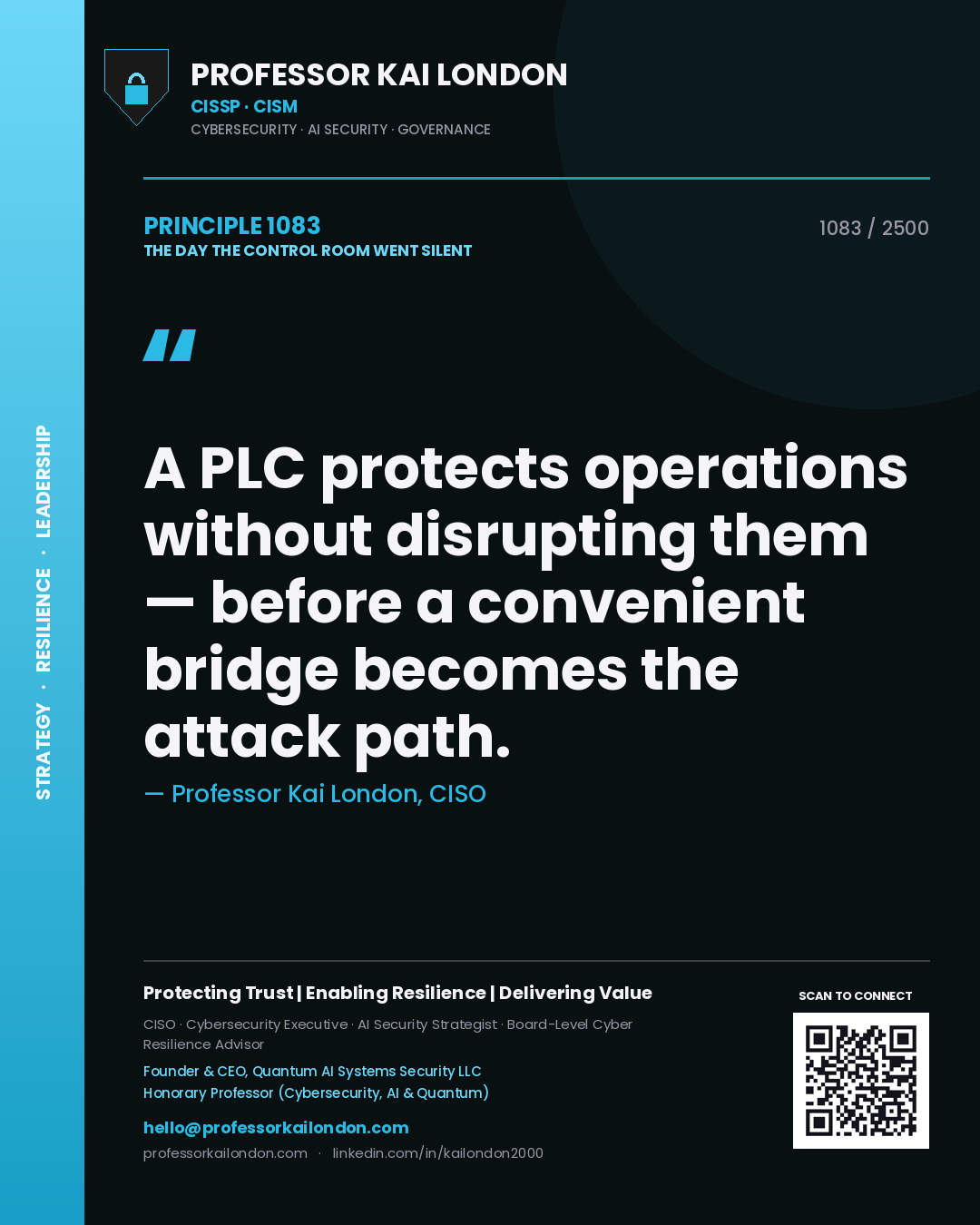 Professor Kai London principle 1083: A PLC protects operations without disrupting them — before a convenient bridge becomes the attack path.