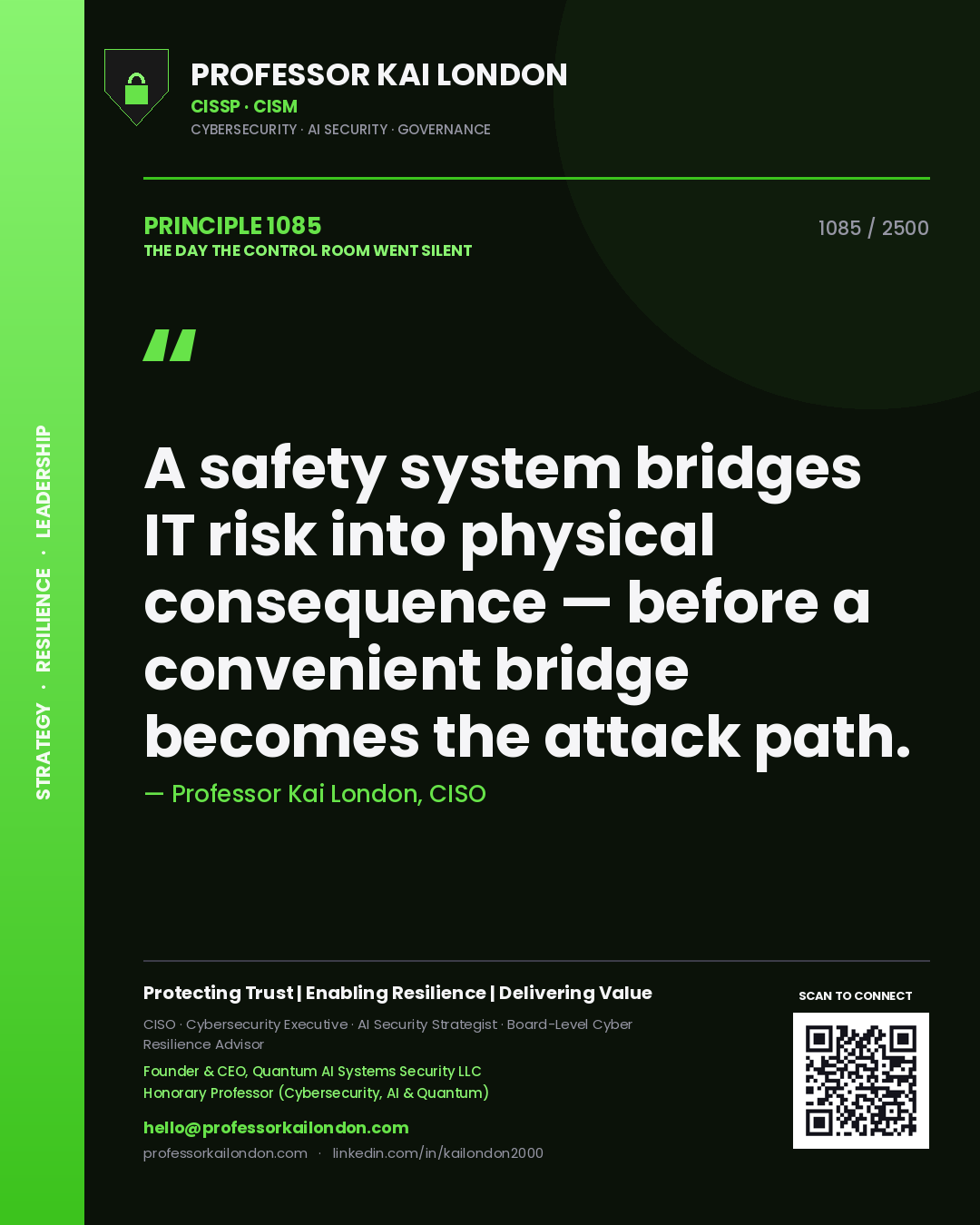 Quote card by Professor Kai London reading 'A safety system bridges IT risk into physical consequence — before a convenient bridge becomes the attack path.'. From the book The Day the Control Room Went Silent.