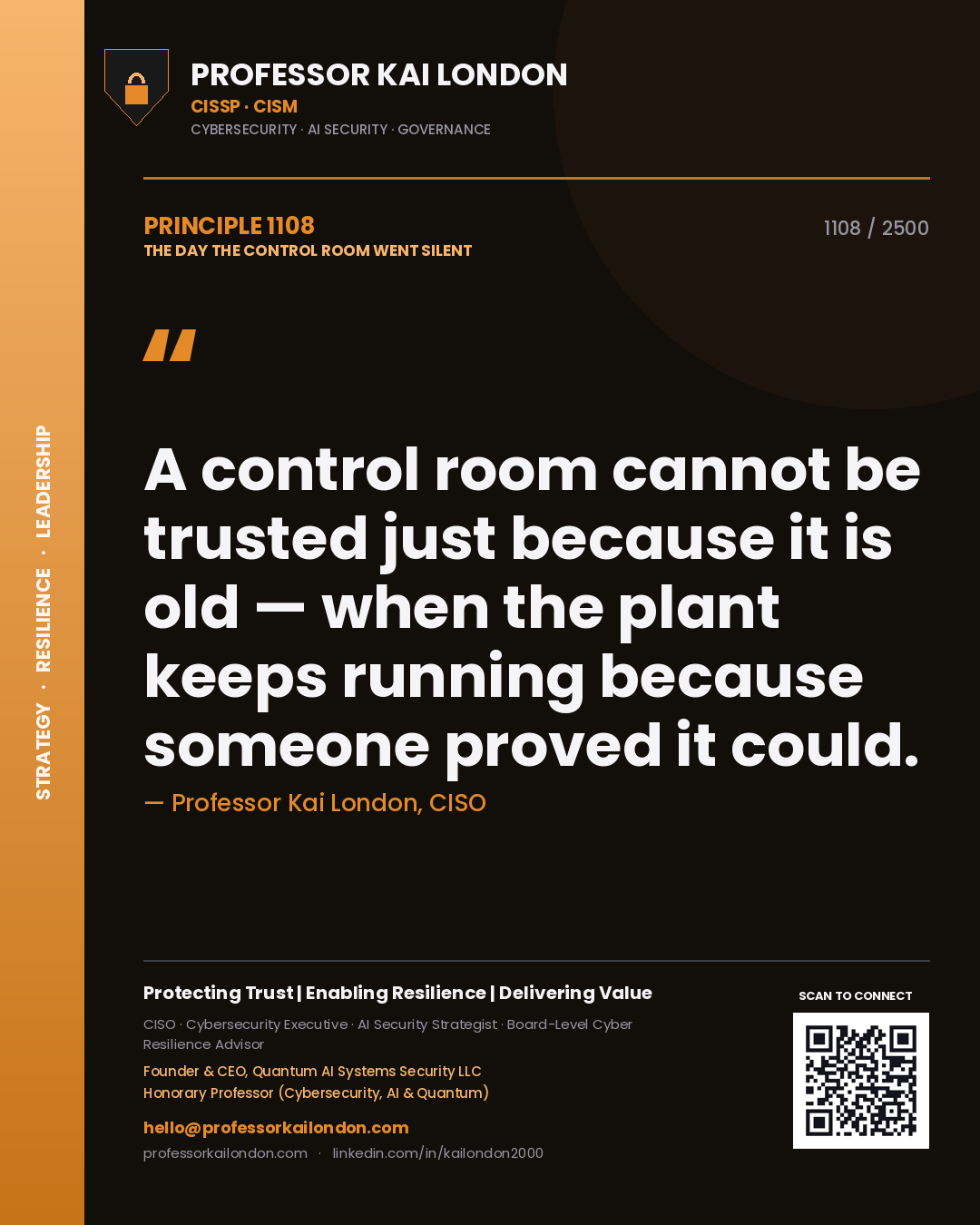 Quote card by Professor Kai London reading 'A control room cannot be trusted just because it is old — when the plant keeps running because someone proved it could.'. From the book The Day the Control Room Went Silent.