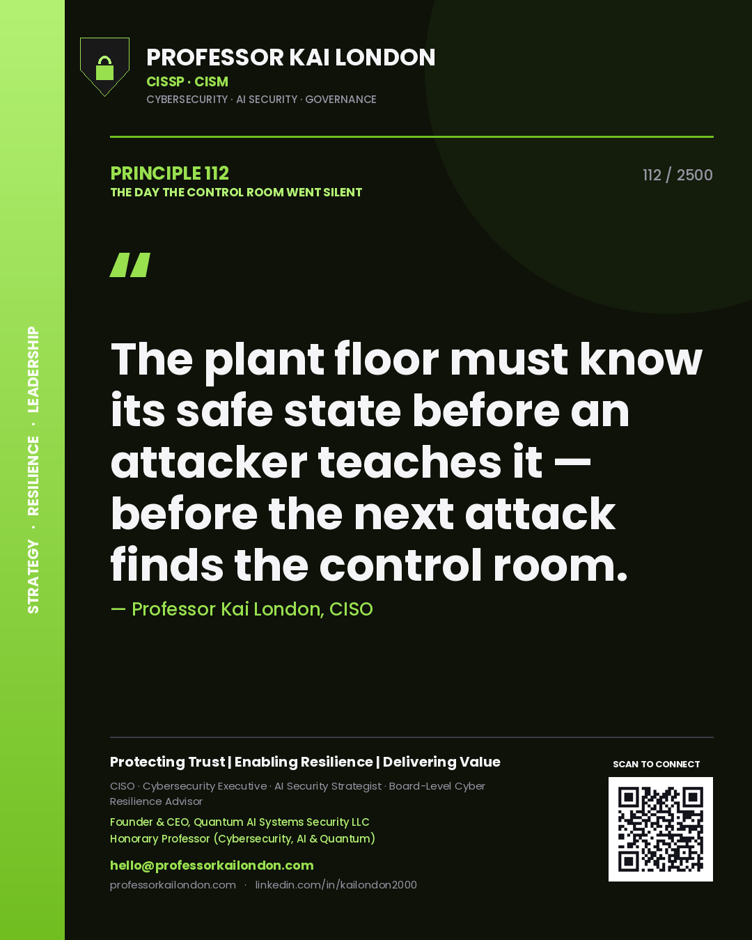 Quote card by Professor Kai London reading 'The plant floor must know its safe state before an attacker teaches it — before the next attack finds the control room.'. From the book The Day the Control Room Went Silent.