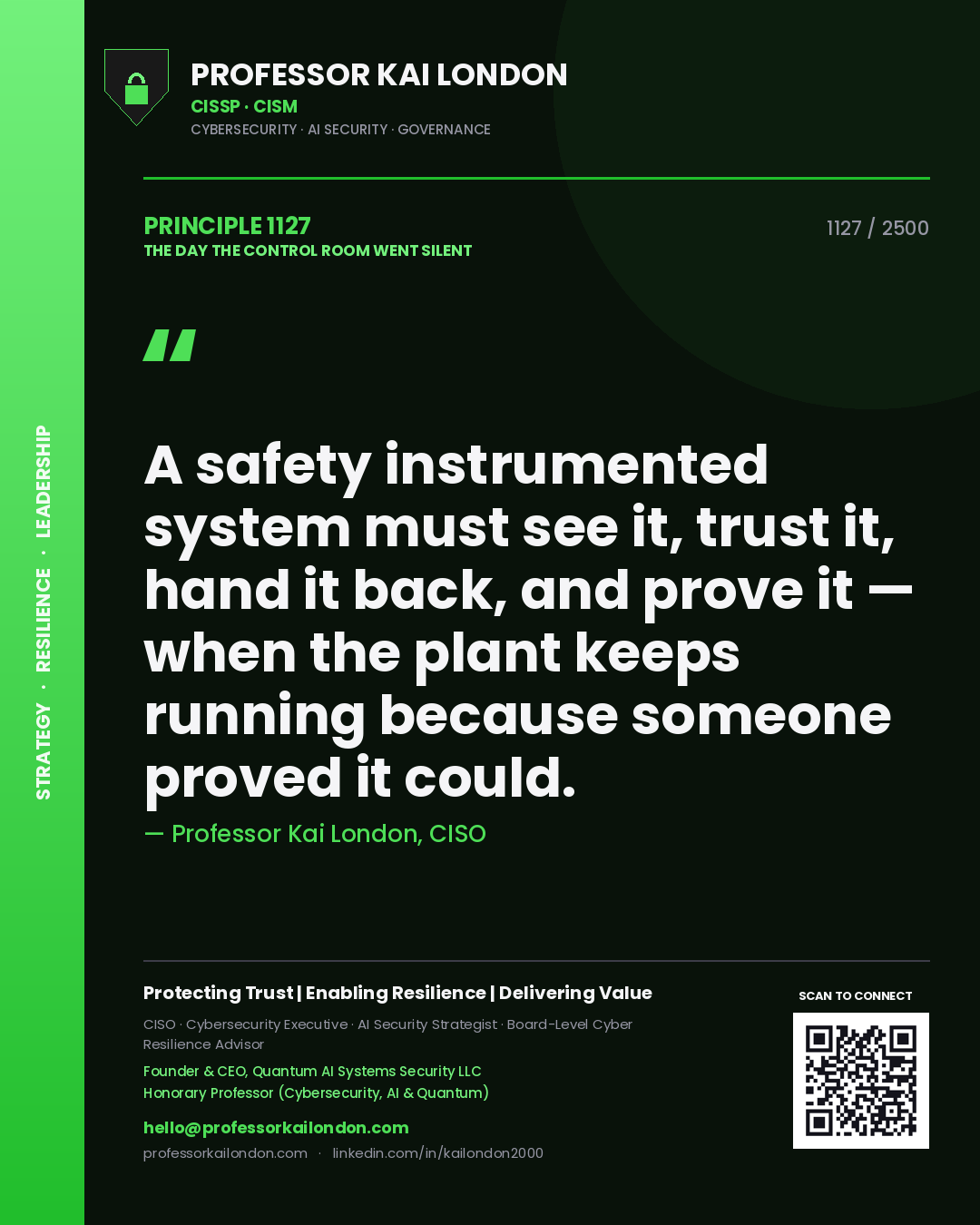 Quote card by Professor Kai London reading 'A safety instrumented system must see it, trust it, hand it back, and prove it — when the plant keeps running because someone proved it could.'. From the book The Day the Control Room Went Silent.