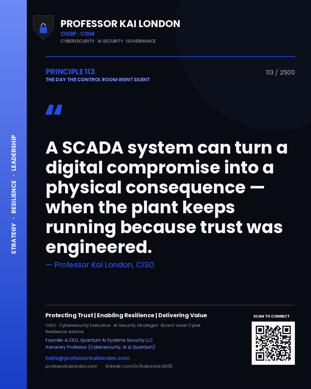 Quote card by Professor Kai London reading 'A SCADA system can turn a digital compromise into a physical consequence — when the plant keeps running because trust was engineered.'. From the book The Day the Control Room Went Silent.