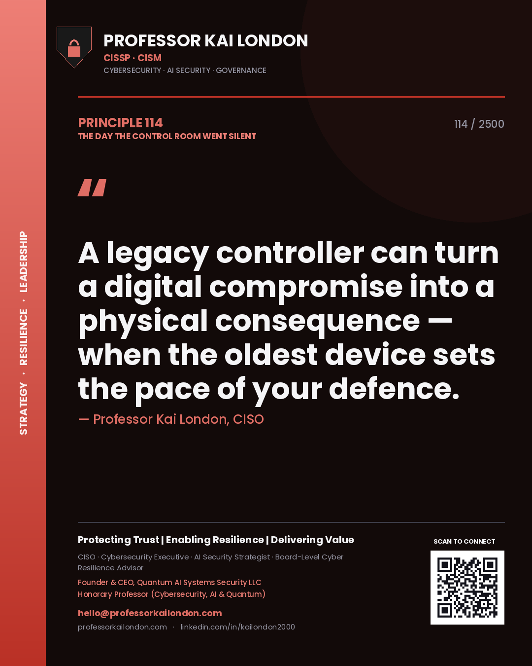 Quote card by Professor Kai London reading 'A legacy controller can turn a digital compromise into a physical consequence — when the oldest device sets the pace of your defence.'. From the book The Day the Control Room Went Silent.