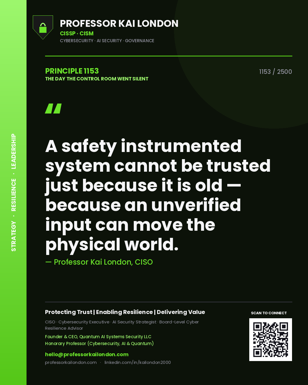 Professor Kai London principle 1153: A safety instrumented system cannot be trusted just because it is old — because an unverified input can move the physical world.