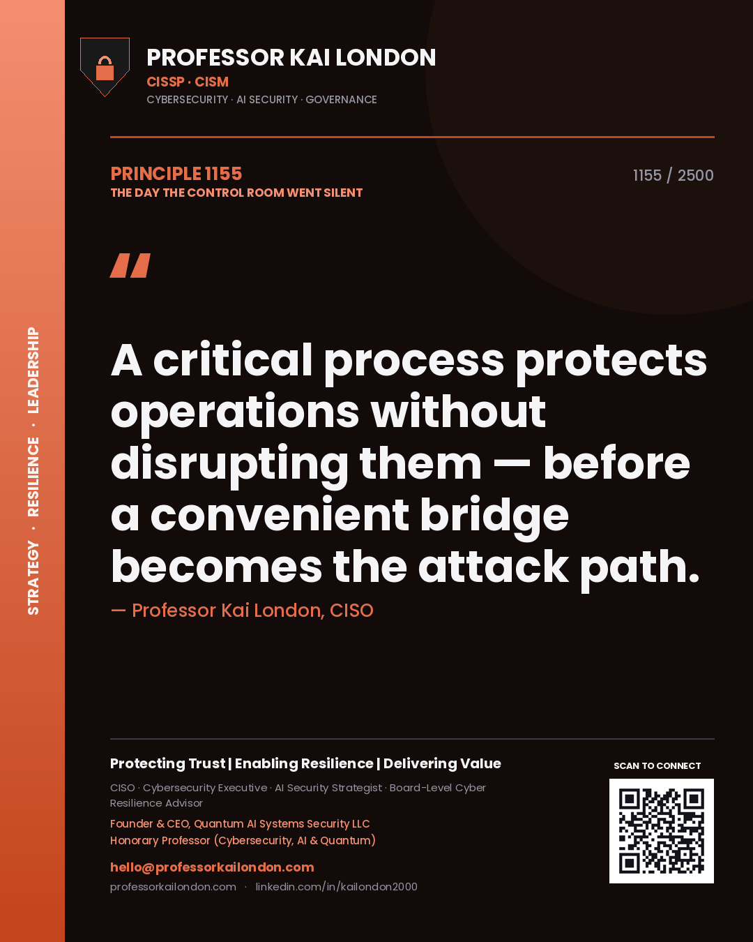 Quote card by Professor Kai London reading 'A critical process protects operations without disrupting them — before a convenient bridge becomes the attack path.'. From the book The Day the Control Room Went Silent.